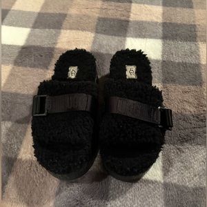 UGG black sheepskin platform slides